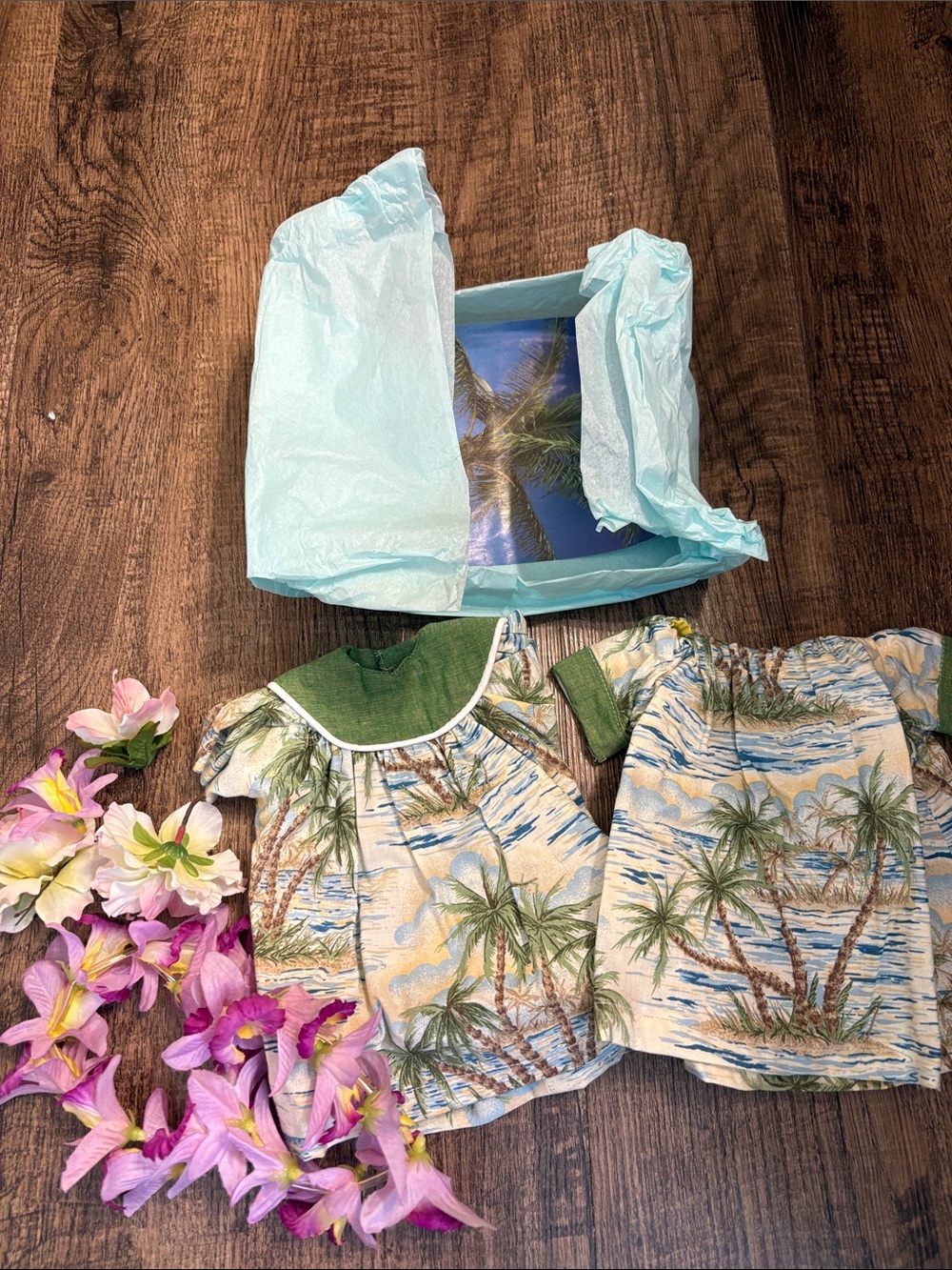 Tropical Palm Print Hawaiian Outfit Set for 18” dolls Vintage Handmade